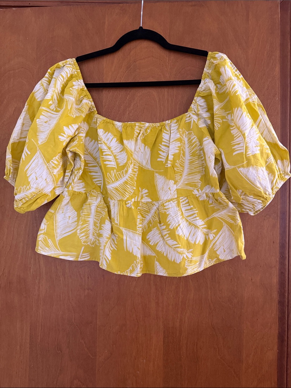 Yellow Puff-Sleeve Peplum Top with White Leaf Print